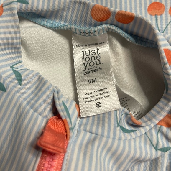 Long sleeve rash guard swimsuit 9M baby blue stripe with peach cherries zip snap - Picture 6 of 6